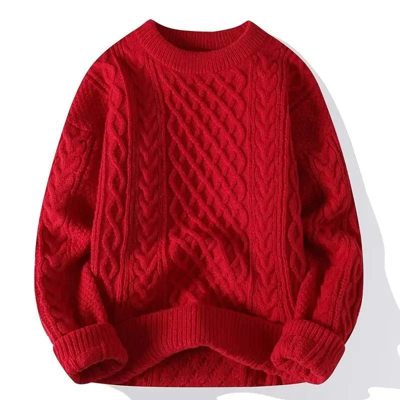 Mens Loose-Fit Round Neck Sweater - Solid Color Knitwear for Autumn Casual Wear