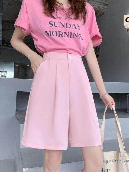 Black High Waist Suit Shorts for Women - Loose Elastic Waist Casual Wide Leg Ice Silk Summer Pants