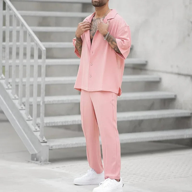 Mens Pink Summer Two-Piece Sweatshirt  Pants Set - Large Size