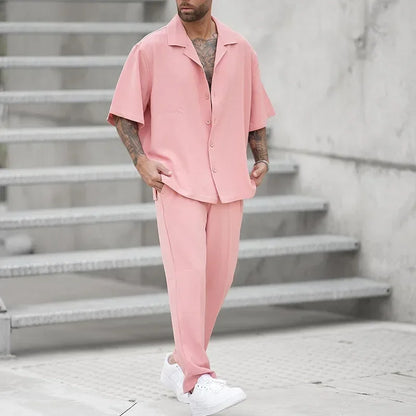 Mens Pink Summer Two-Piece Sweatshirt  Pants Set - Large Size