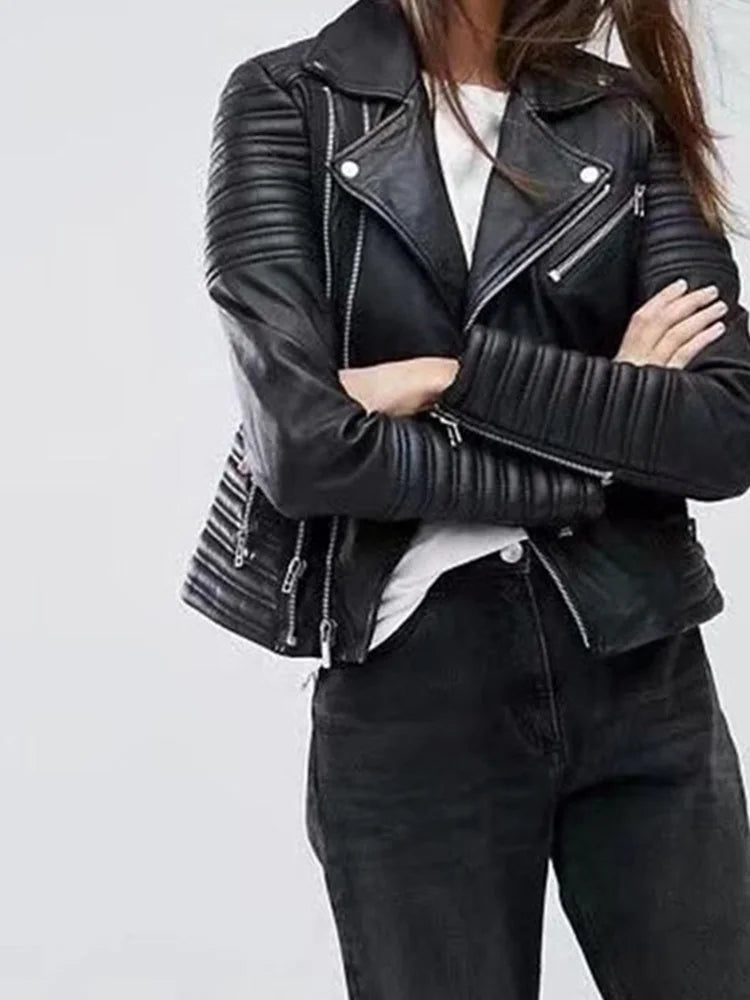 Faux Leather Motorcycle Jacket for Women - Black with Rivet Detail and Turndown Collar