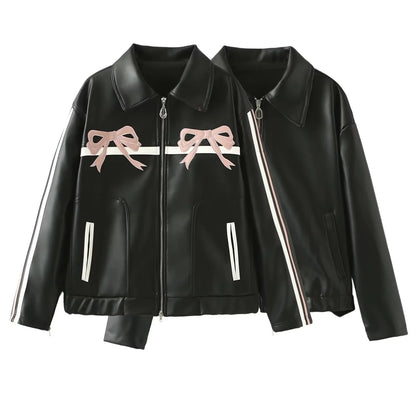 Womens Pink Bow Leather Motorcycle Jacket with Zipper - Stylish Black Faux Leather Coat