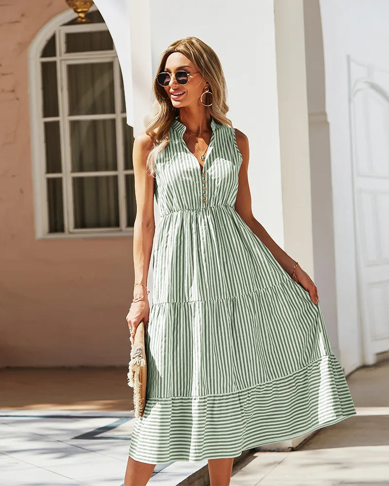 Sleeveless Striped V-Neck Dress for Women