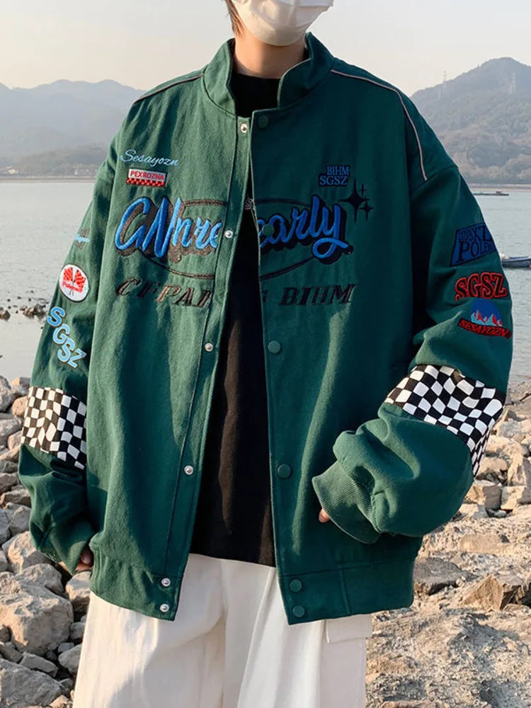 Embroidered Plaid Bomber Jacket - Unisex Y2K Hip Hop Streetwear for Autumn