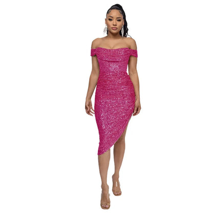 Off-Shoulder Sequin Bodycon Dress - Stylish Knee Length Party Dress