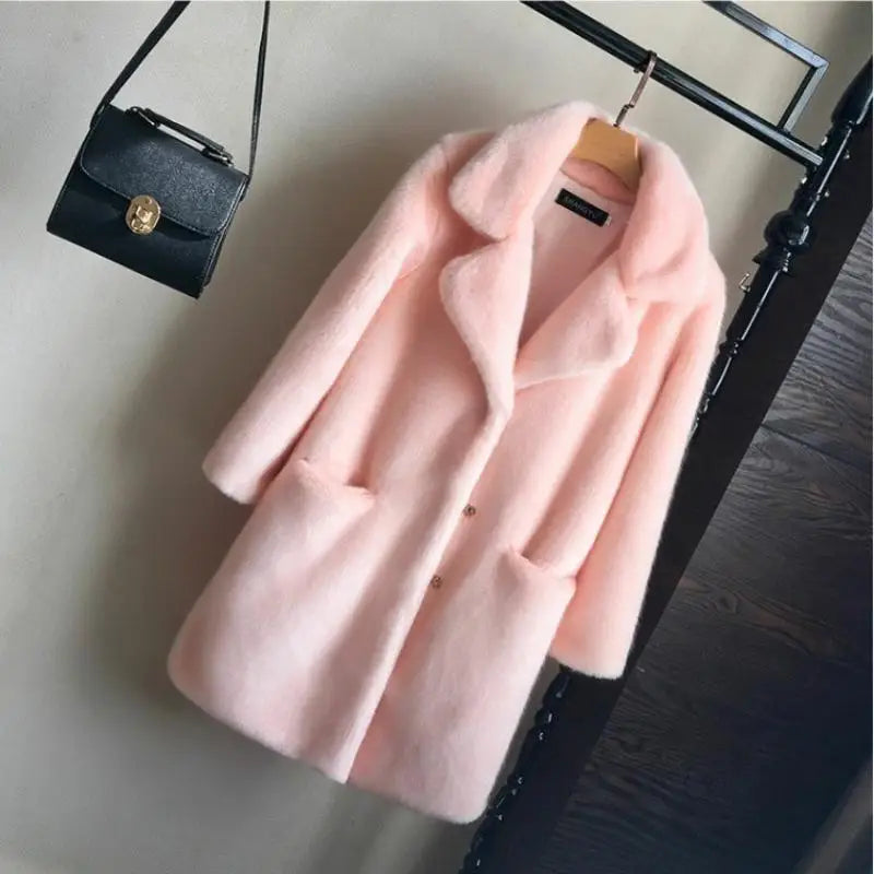 Womens Winter Mink Faux Fur Coat with Turn Down Collar