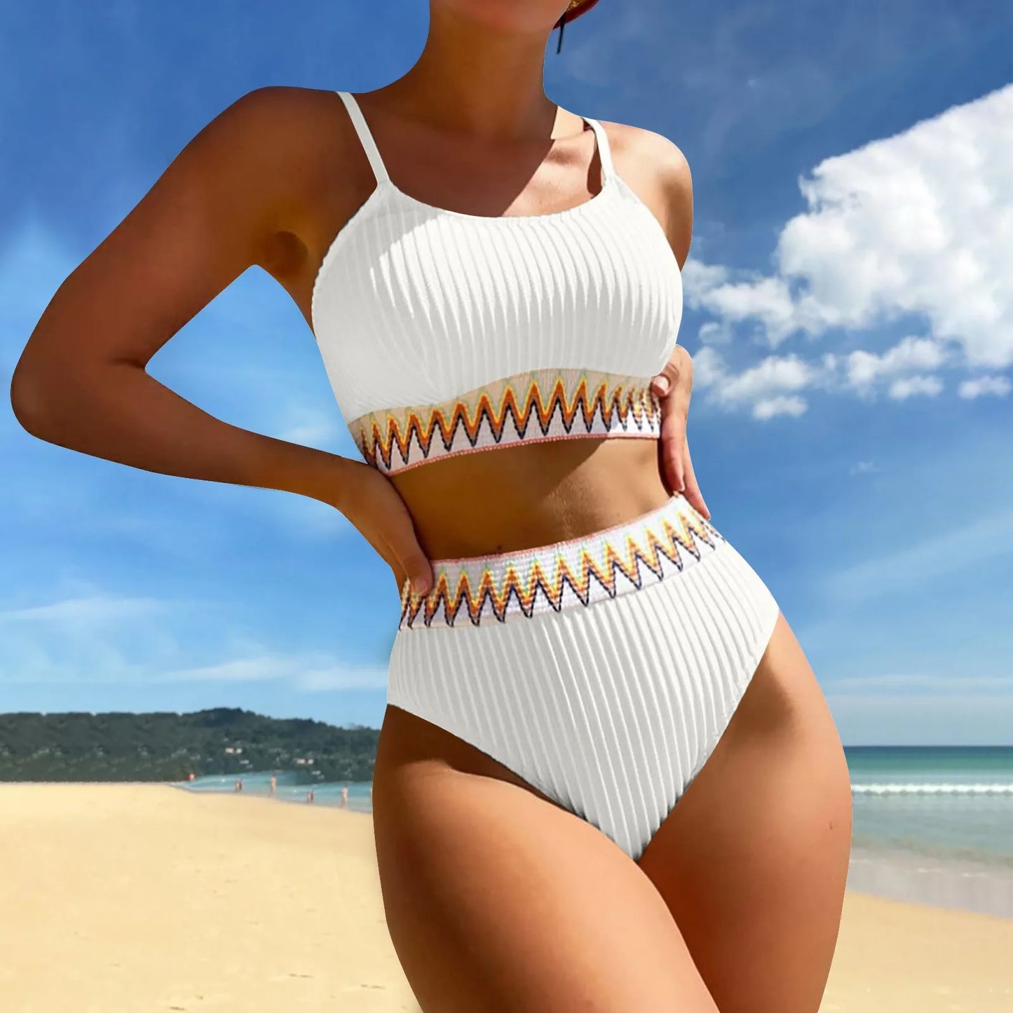 High Waist Color Block V-Neck Bikini Set for Women