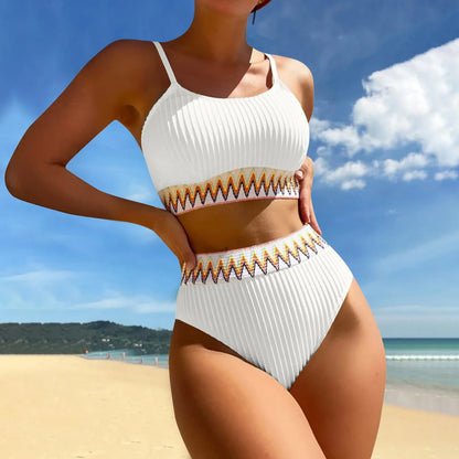 High Waist Color Block V-Neck Bikini Set for Women