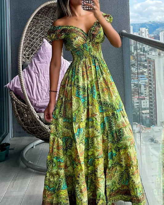 Off-Shoulder Bohemian Maxi Dress - Casual Summer V-Neck Beach Dress