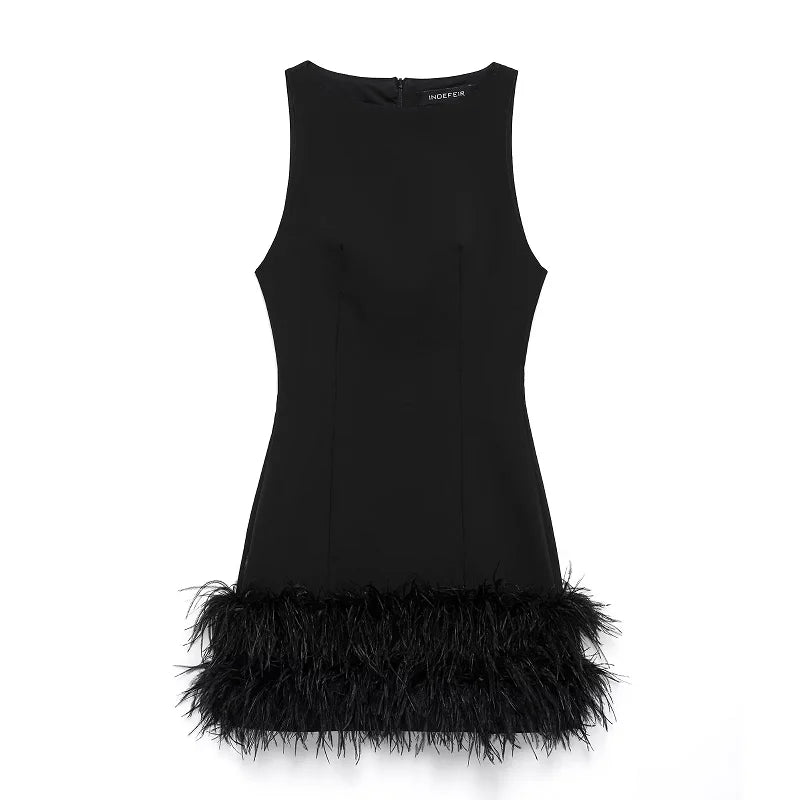 Elegant Mini Dress - Black Sleeveless Feather Casual Evening Party Dress 2024