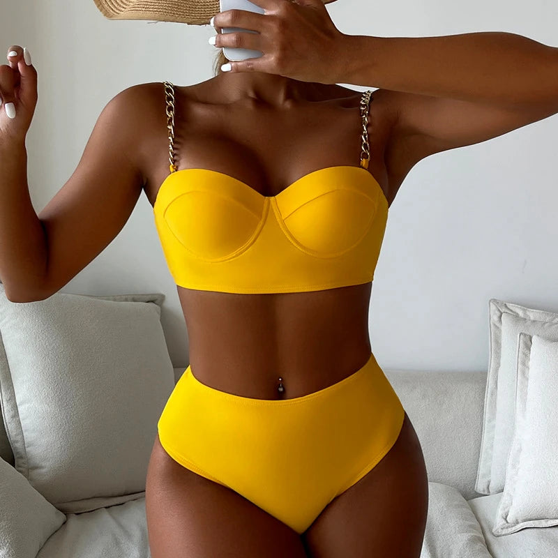 High Waist Bikini Set - Padded Wrap Top Chain Straps