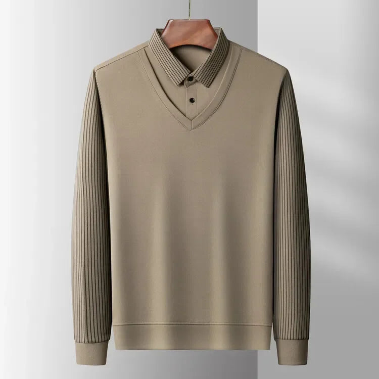 Mens Fake Collar Casual Long Sleeve Pullover Tee - Lapel Polo Sweater