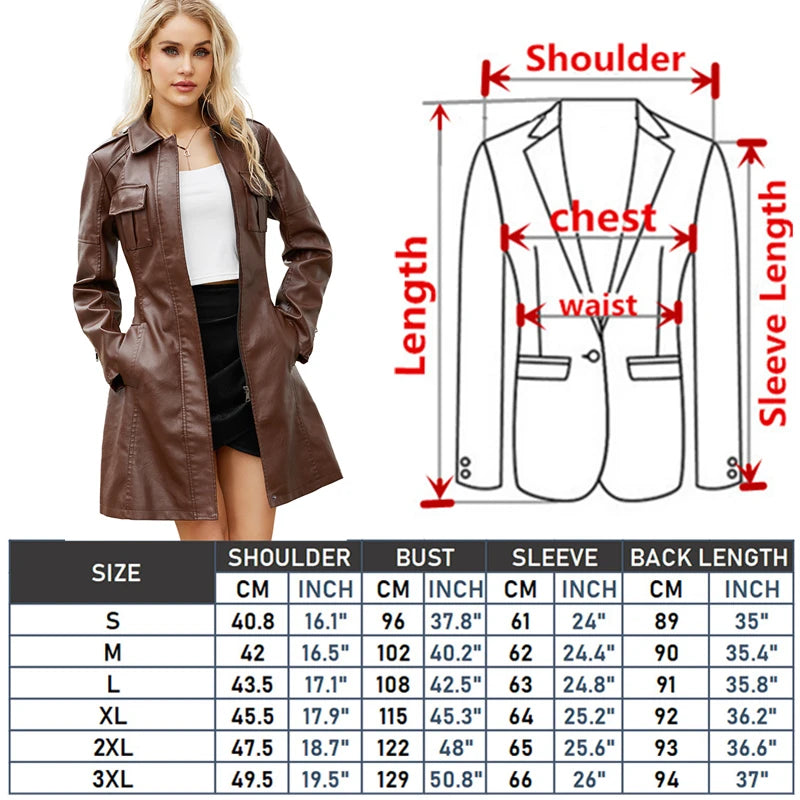 Red PU Leather Long Waist Windbreaker Jacket for Women