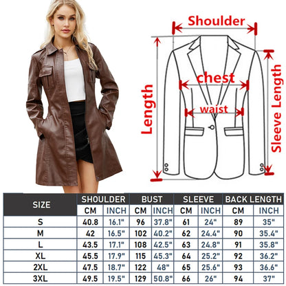 Red PU Leather Long Waist Windbreaker Jacket for Women