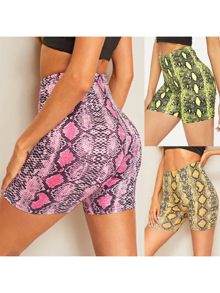 High Waist Snake Print Summer Shorts - Elastic Womens Trousers