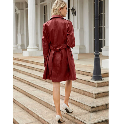 Red PU Leather Long Waist Windbreaker Jacket for Women