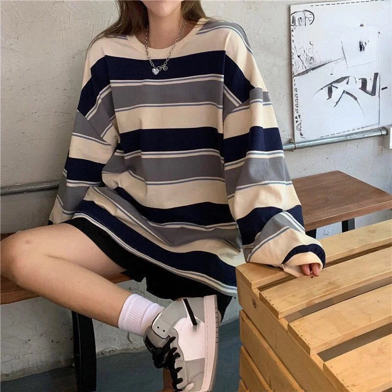 Oversized Striped Hoodie - Womens Harajuku Sweatshirt Korean Streetwear Top