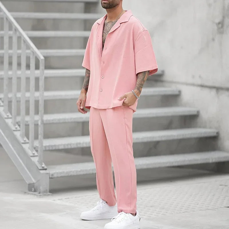 Mens Pink Summer Two-Piece Sweatshirt  Pants Set - Large Size