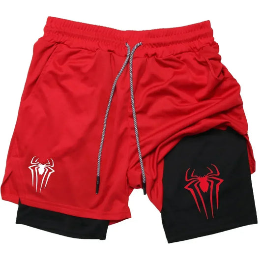 Mens Y2K Spider Print Compression Shorts - 5-Inch Quick-Dry Gym Training Shorts with Pockets Breathable 2-in-1 Design