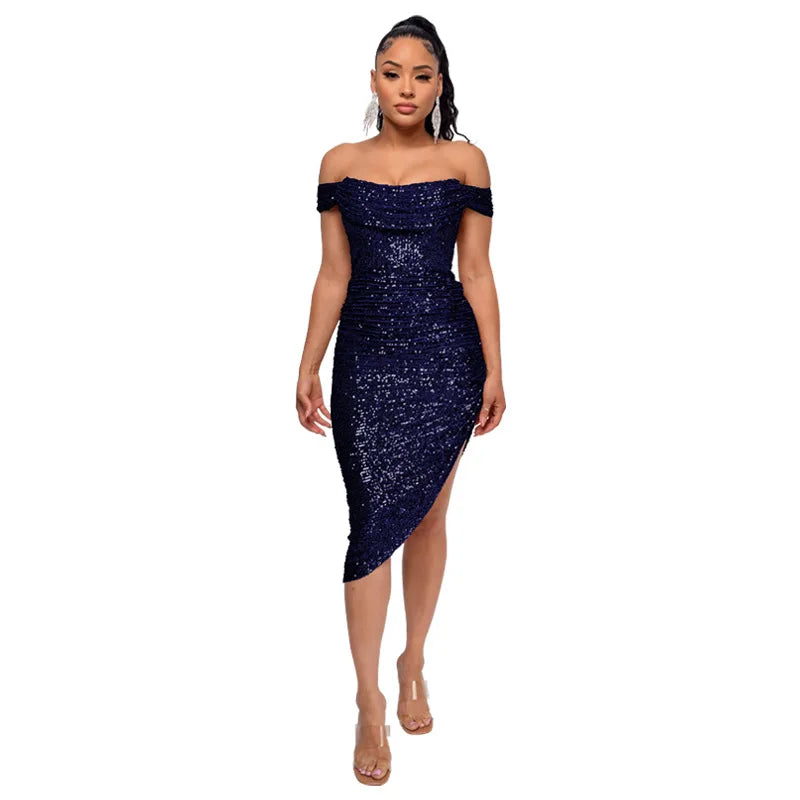 Off-Shoulder Sequin Bodycon Dress - Stylish Knee Length Party Dress