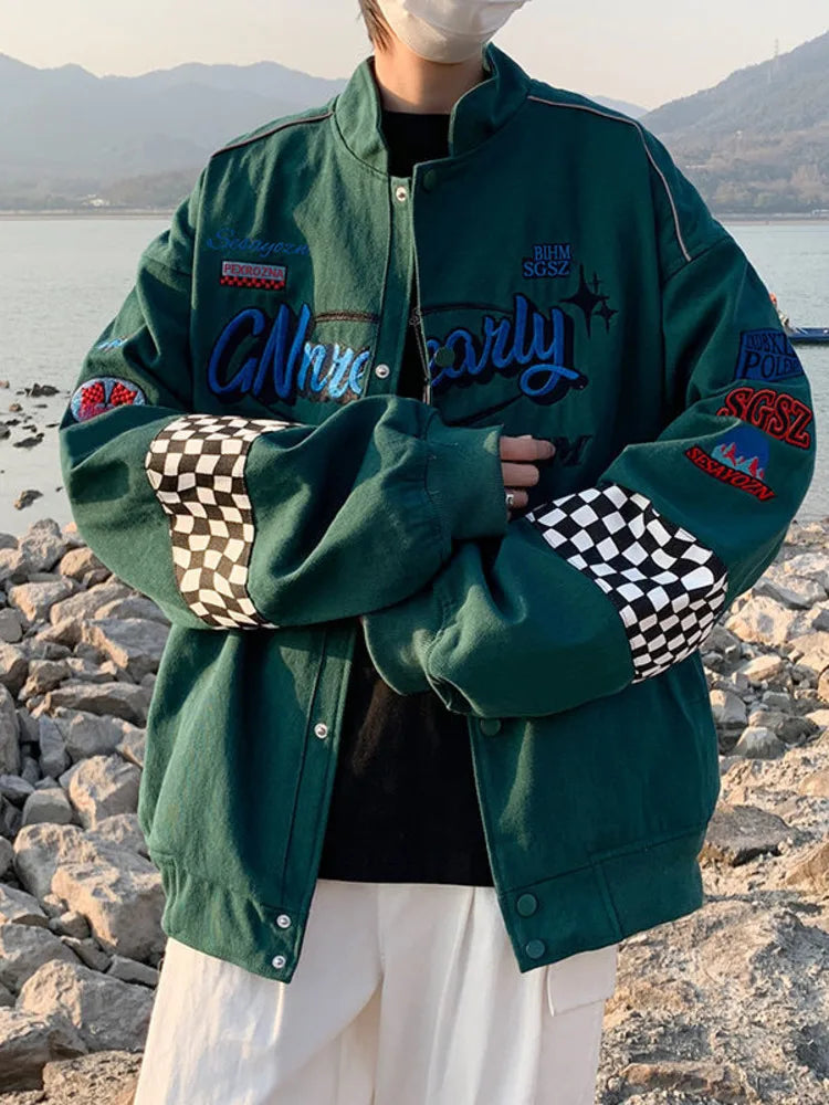 Embroidered Plaid Bomber Jacket - Unisex Y2K Hip Hop Streetwear for Autumn