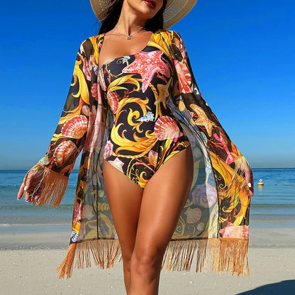 Chiffon Beach Cover-Up Set - Floral Print Bikini Wrap Swimwear