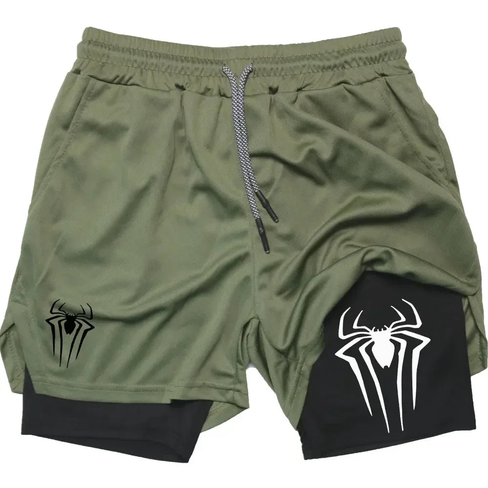 Mens Y2K Spider Print Compression Shorts - 5-Inch Quick-Dry Gym Training Shorts with Pockets Breathable 2-in-1 Design