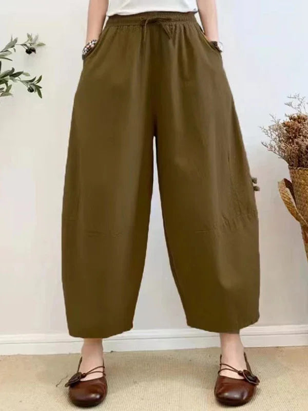 Womens Khaki Oversized Harem Pants - Baggy Cotton Linen Lantern Pants with Pockets for Summer 2023