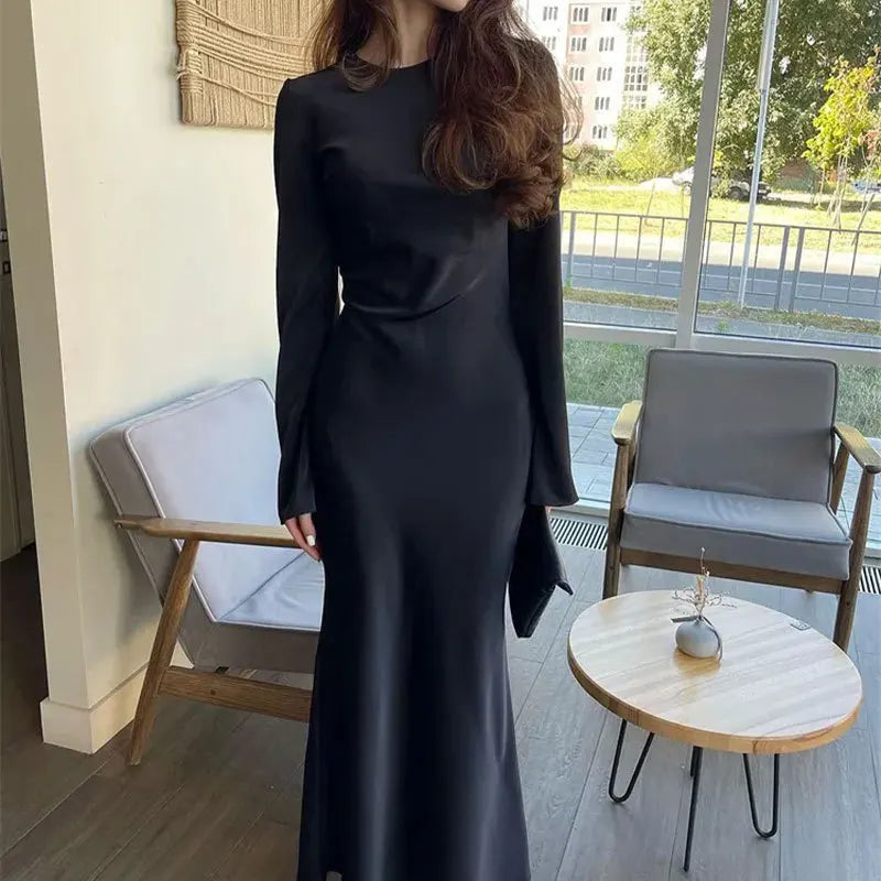 Elegant Solid Long Sleeve High Waist Party Dress for Women