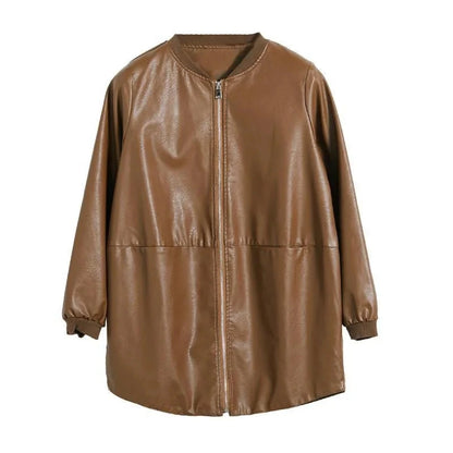 Womens Mid-Long Leather Baseball Jacket