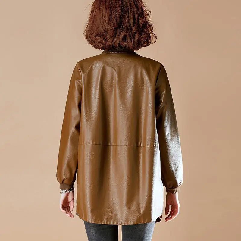 Womens Mid-Long Leather Baseball Jacket