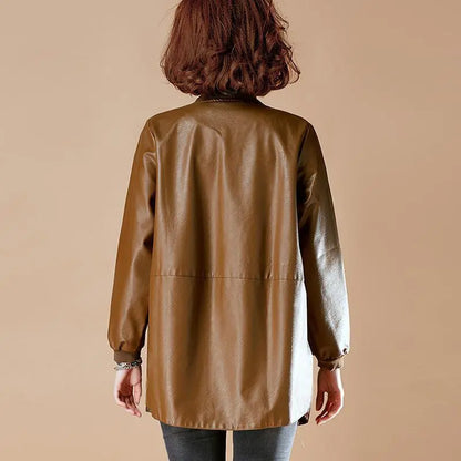 Womens Mid-Long Leather Baseball Jacket