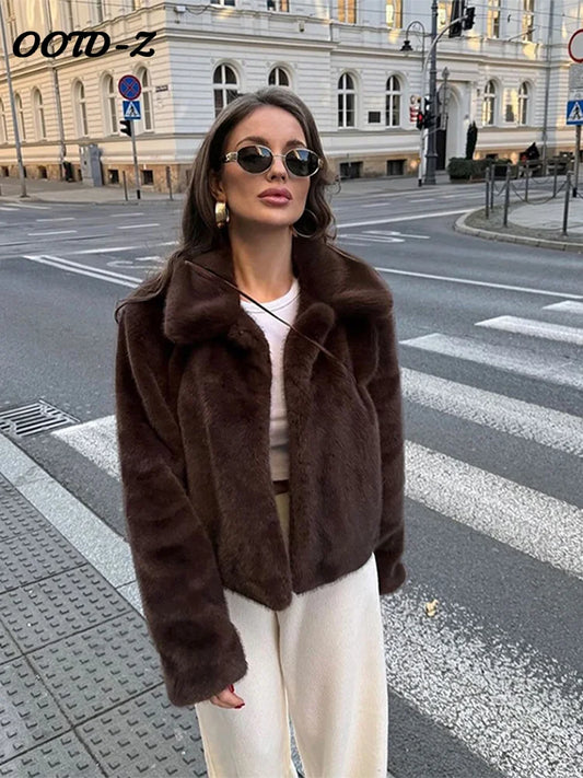 Warm Brown Faux Fur Coat - Plush Short Outwear for Women