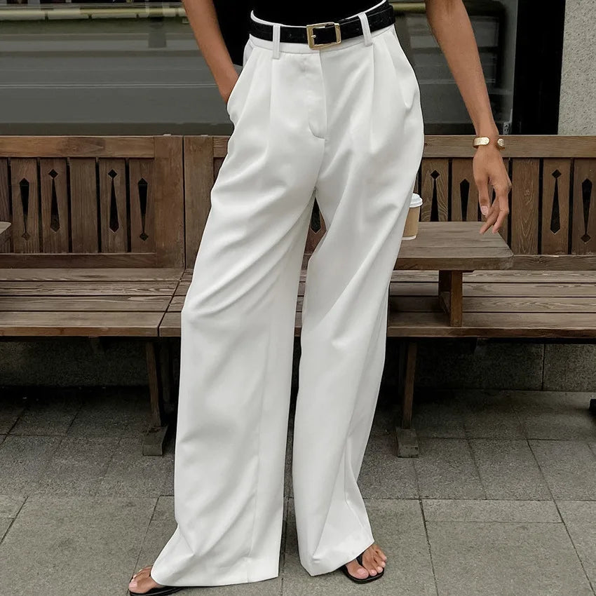 High Waist White Wide Leg Pleated Pants for Women