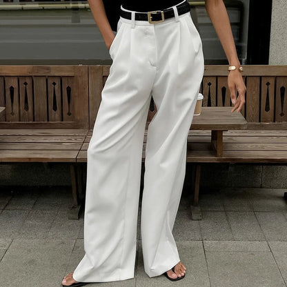 High Waist White Wide Leg Pleated Pants for Women