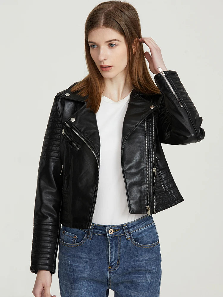 Faux Leather Motorcycle Jacket for Women - Black with Rivet Detail and Turndown Collar