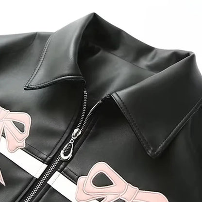 Womens Pink Bow Leather Motorcycle Jacket with Zipper - Stylish Black Faux Leather Coat