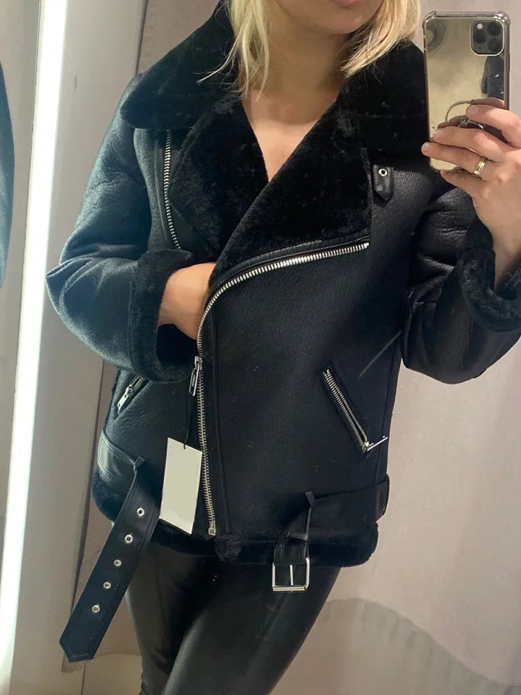 Womens Faux Leather Fur Aviator Jacket - Thick Winter Coat