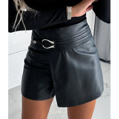 Asymmetrical Black PU Leather Mini Skirt - High Waist Trendy Womens Shorts with Buttons