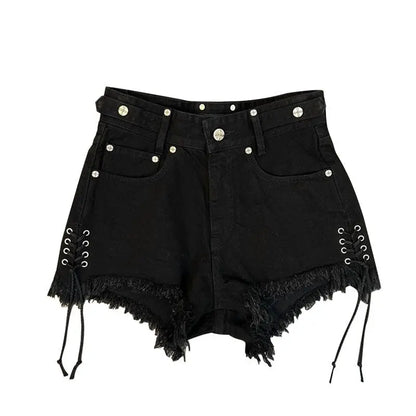 High-Waisted Black Denim Shorts - Plus Size Casual Summer Style with Drawstrings