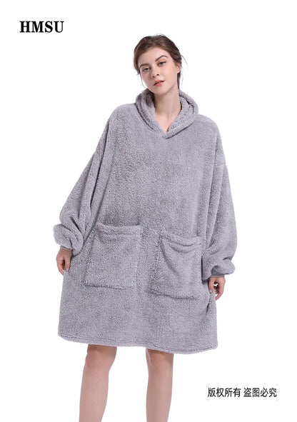 Oversized Plaid Hoodie Blanket Sweatshirt - Fleece Hoody with Sleeves and Pocket for Women