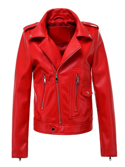 Red Vintage Faux Leather Biker Jacket for Women - Casual Autumn Winter Coat