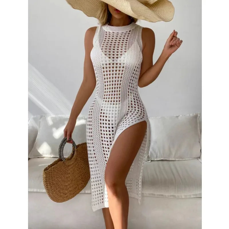 Summer Womens Knitted Beach Cover-Up Dress with Double Side Slits  Sleeveless Design