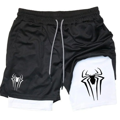 Mens Y2K Spider Print Compression Shorts - 5-Inch Quick-Dry Gym Training Shorts with Pockets Breathable 2-in-1 Design