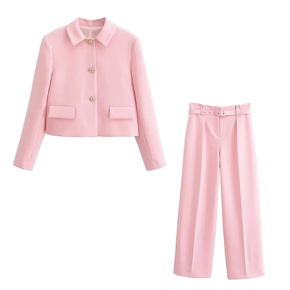 Womens Short Suit Set with Belt - Solid Color SpringSummer 2024