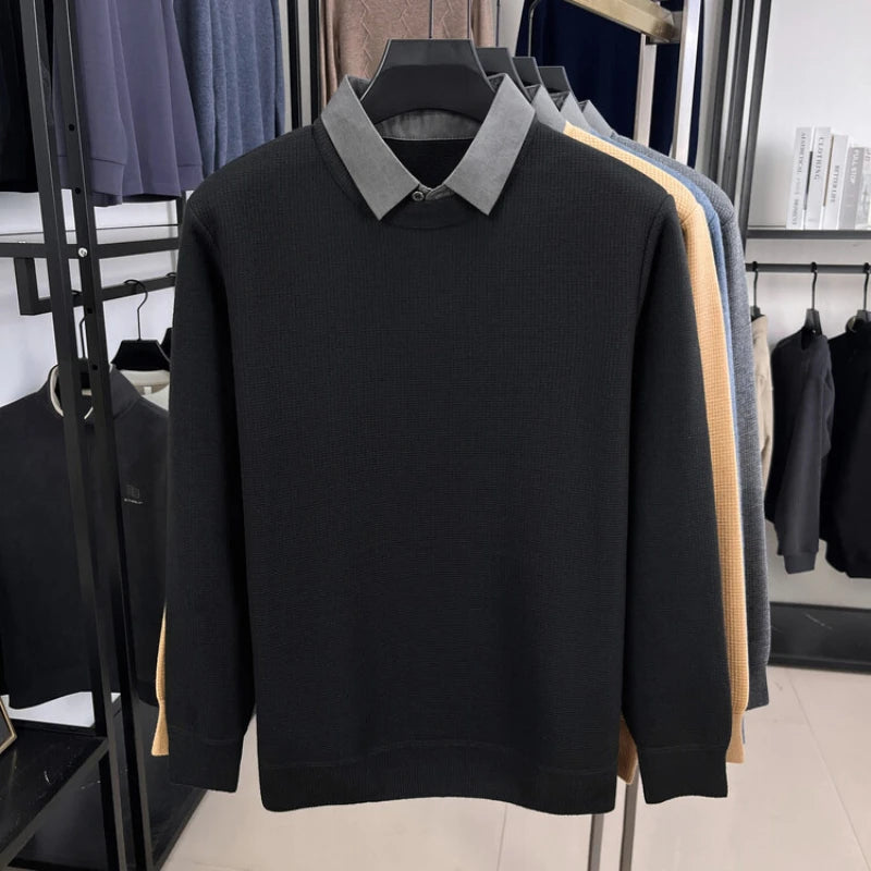 Layered-Look Sweater with Sewn-In Collar - Business Casual Knitwear for Men