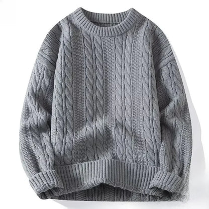 Mens Loose-Fit Round Neck Sweater - Solid Color Knitwear for Autumn Casual Wear