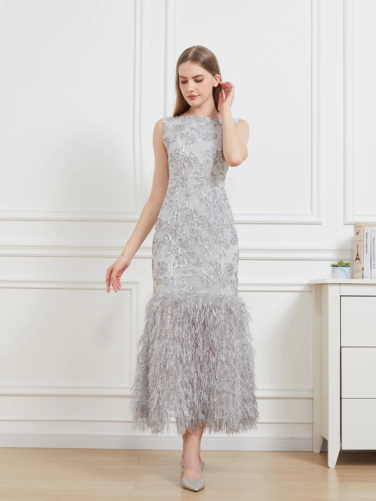 Fishtail Organza Maxi Dress - Sleeveless Bodycon Gown with Feathers