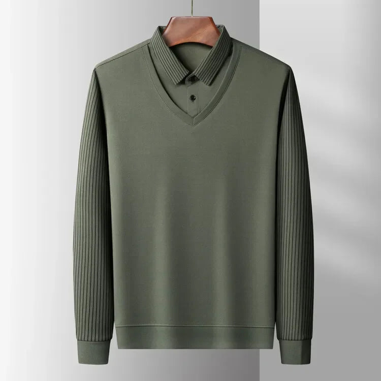 Mens Fake Collar Casual Long Sleeve Pullover Tee - Lapel Polo Sweater