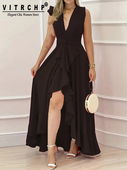 Elegant Sleeveless V-Neck Pleated Dress - Summer Evening Party Prom Wear